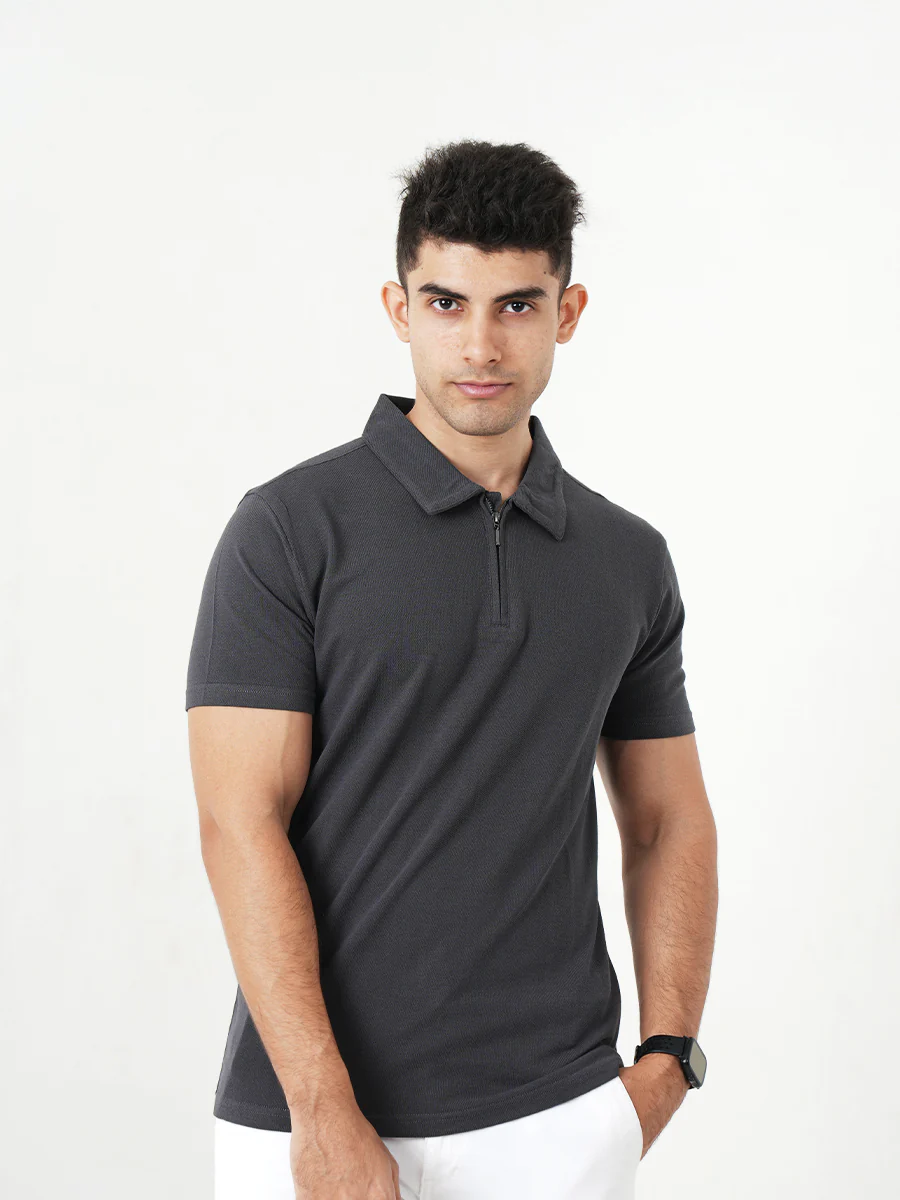 Monkstory Bamboo Cotton Zip-Polo Tee - Iron Grey - Image 3