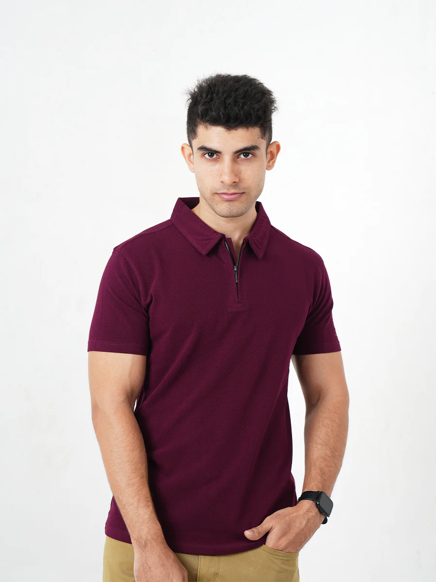 Monkstory Bamboo Cotton Zip-Polo Tee - Mauve Wine - Image 3