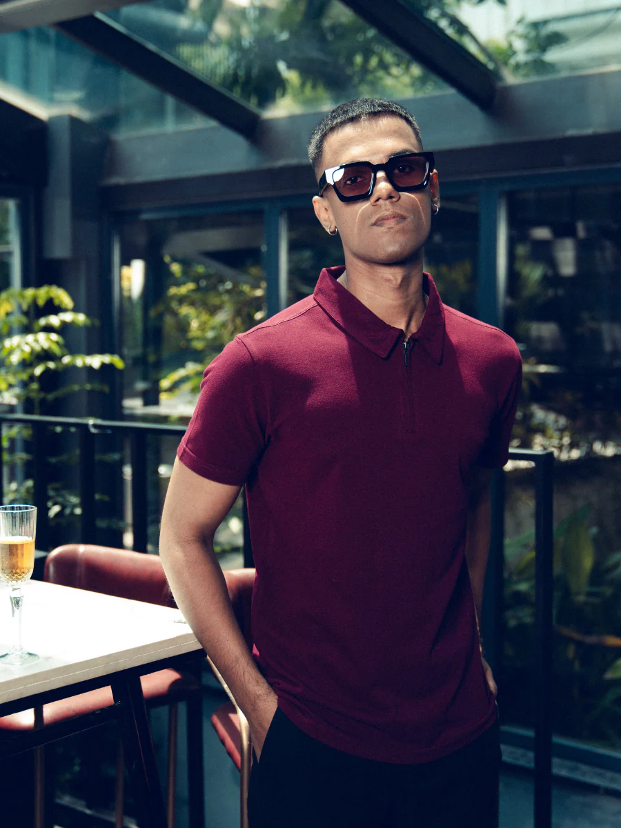 Monkstory Bamboo Cotton Zip-Polo Tee - Mauve Wine - Image 5