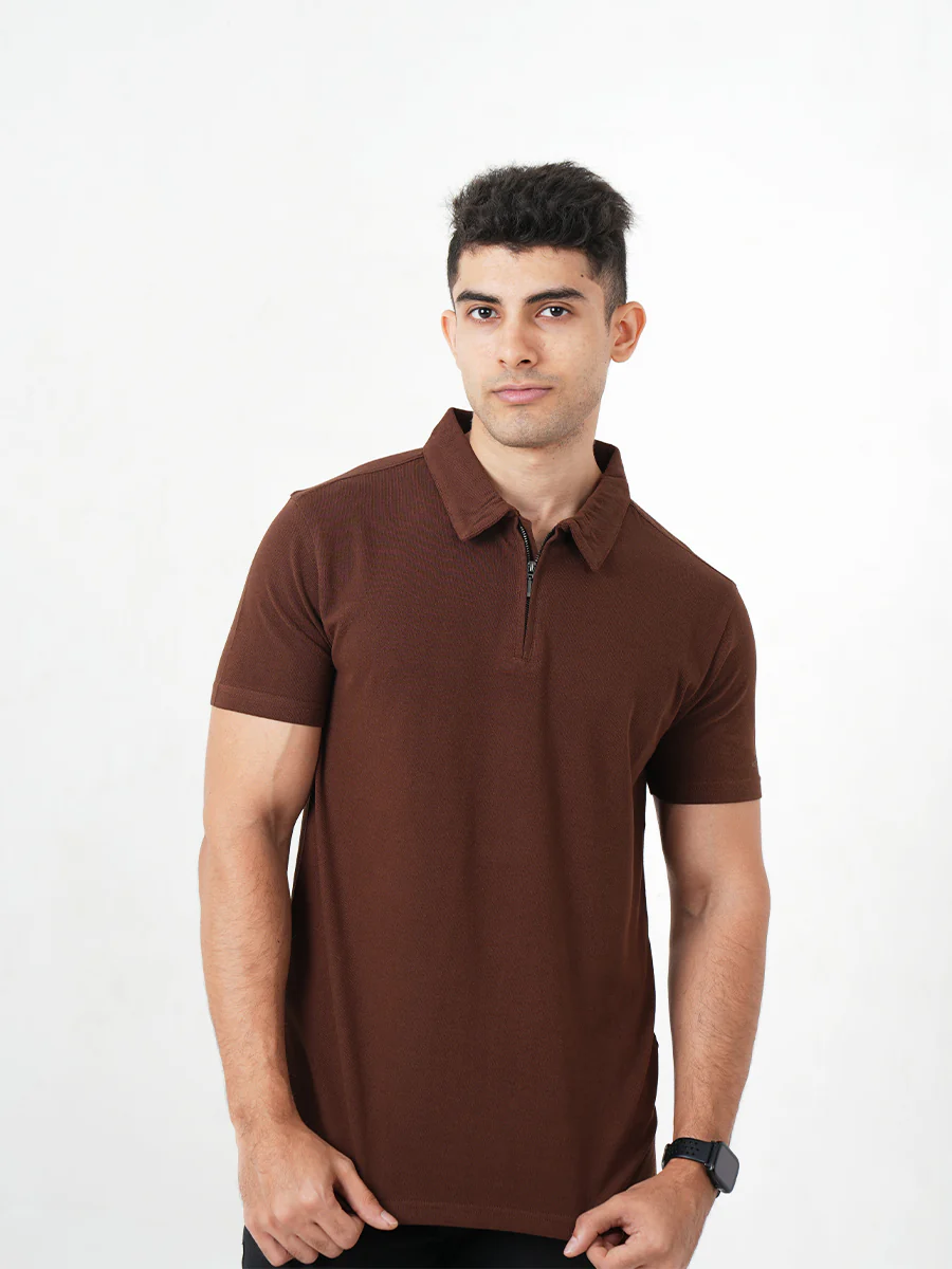 Monkstory Bamboo Cotton Zip-Polo Tee - Pine Brown - Image 3