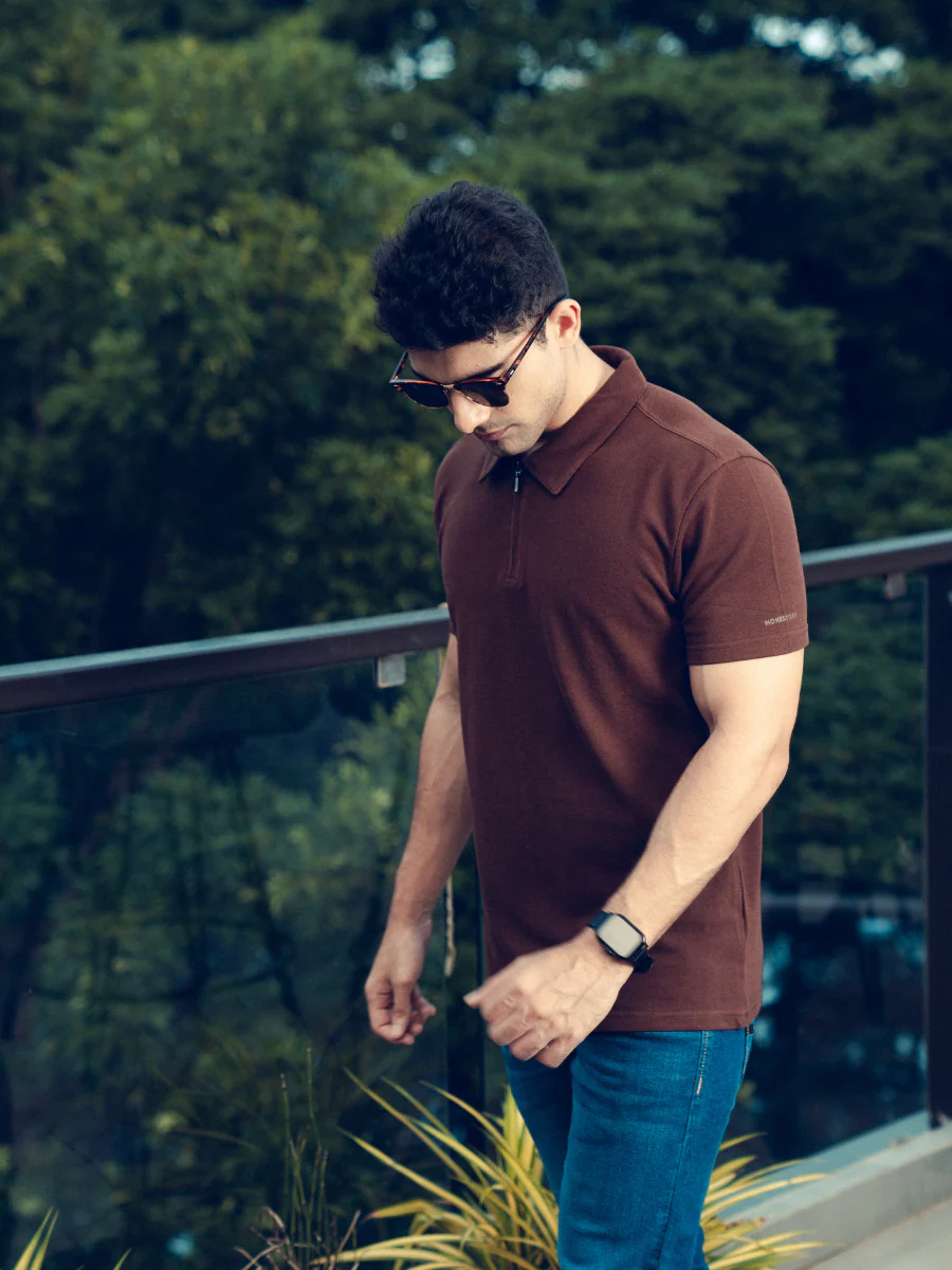 Monkstory Bamboo Cotton Zip-Polo Tee - Pine Brown - Image 5