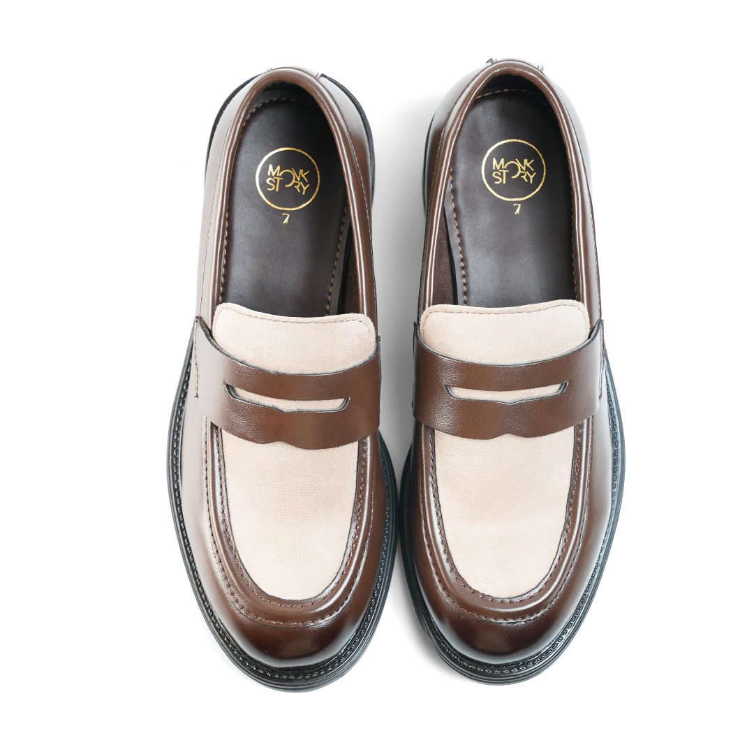 Monkstory Cosmopolitan Contrast Penny Loafers - Brown/Beige - Image 9