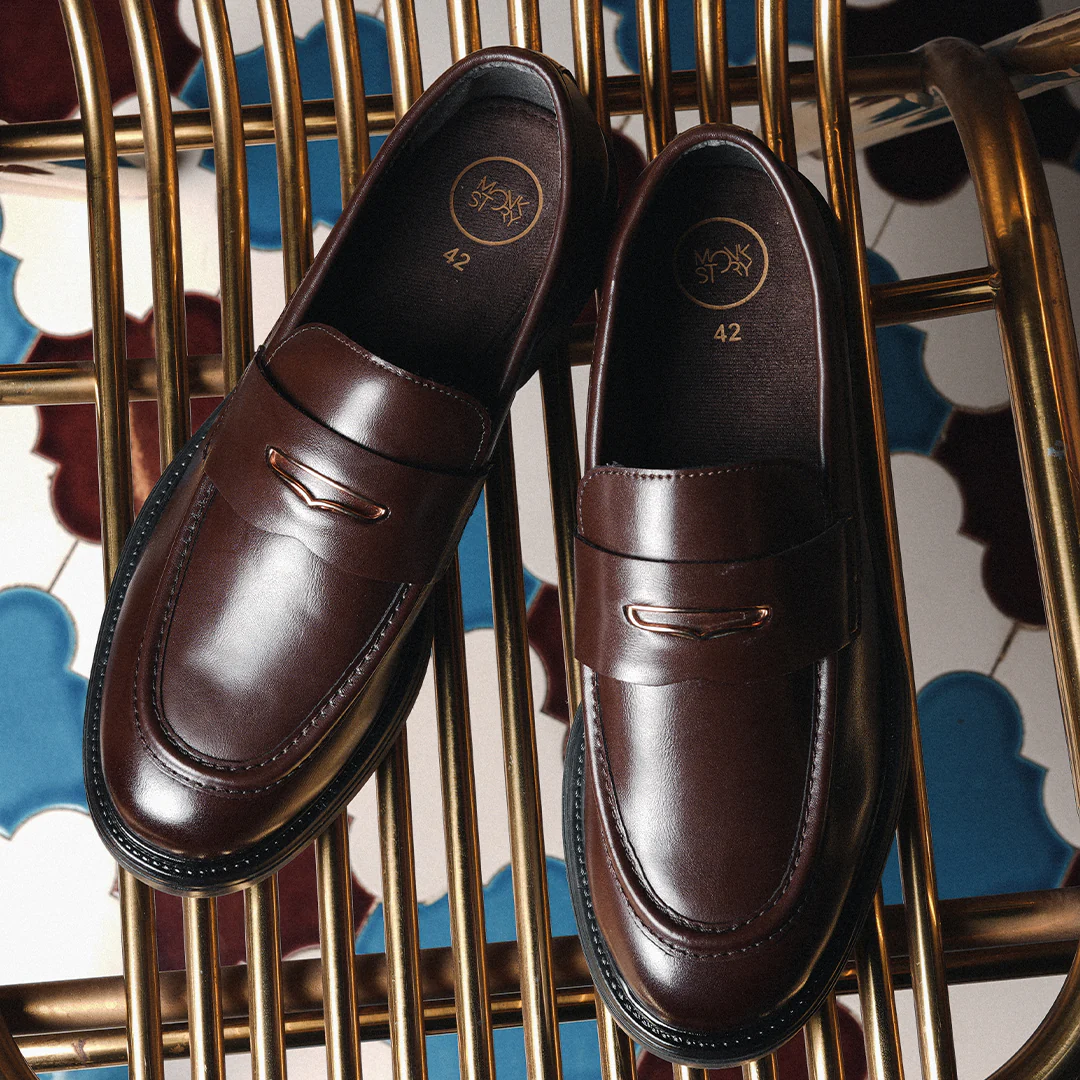 Monkstory Cosmopolitan Gold Embellished Penny Loafers - Brown - Image 3