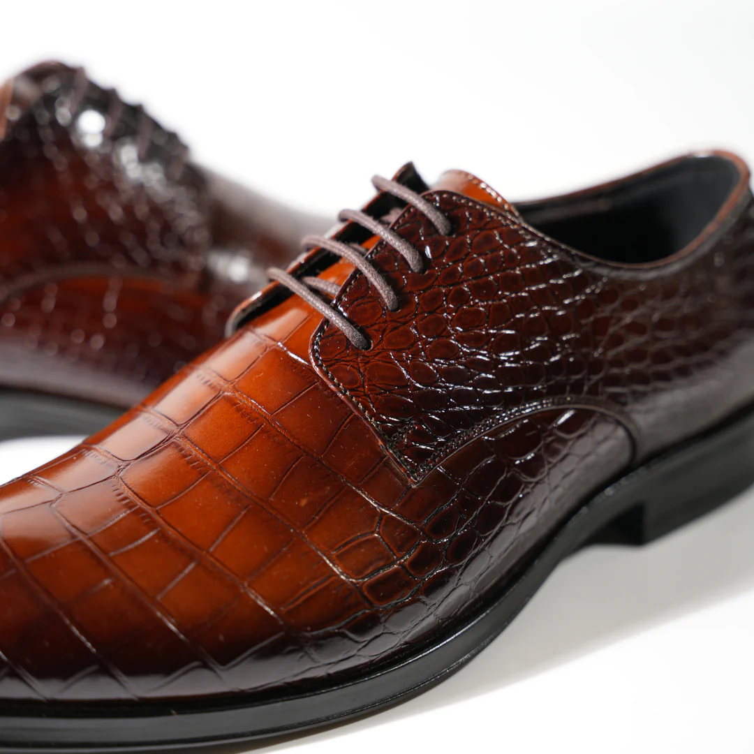 Monkstory Glossy Croc-Effect Lace-Up Oxfords - Burnish Brown - Image 3