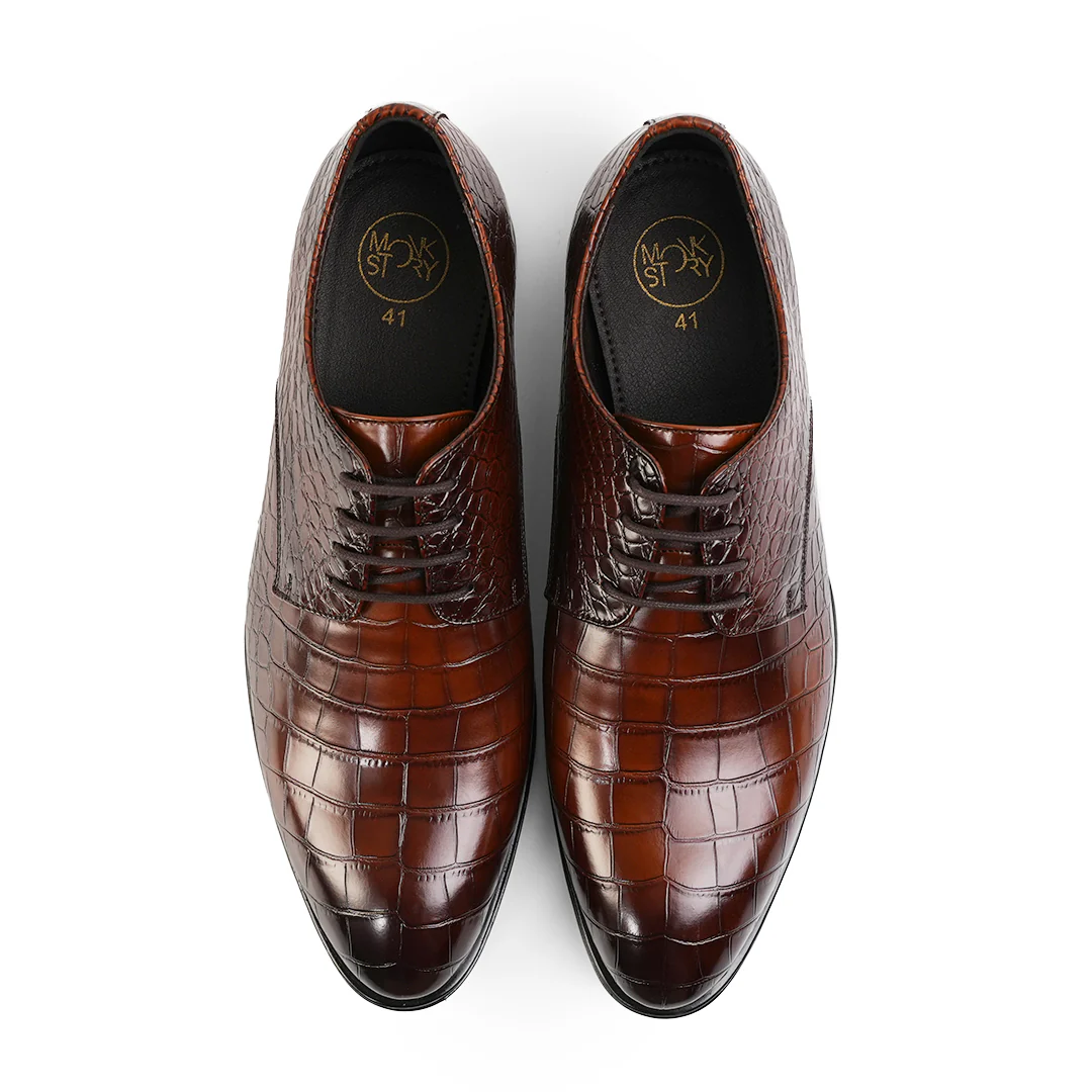 Monkstory Glossy Croc-Effect Lace-Up Oxfords - Burnish Brown - Image 6