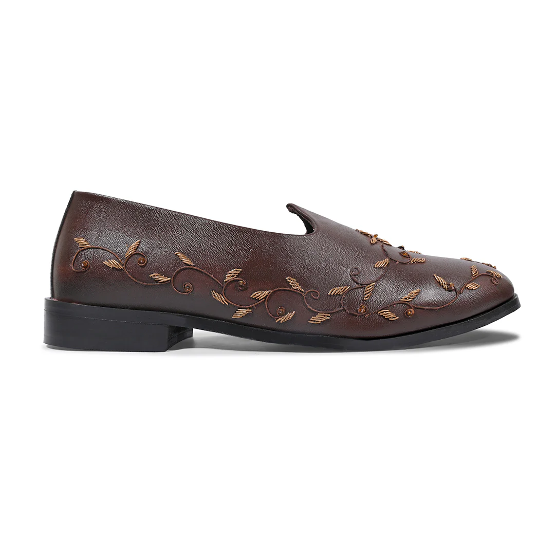 Monkstory Regal Floral Zardosi Mojari – Brown - Image 3