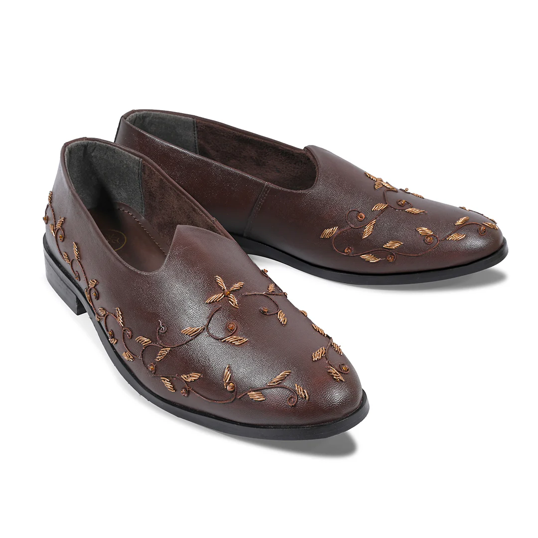 Monkstory Regal Floral Zardosi Mojari – Brown - Image 4