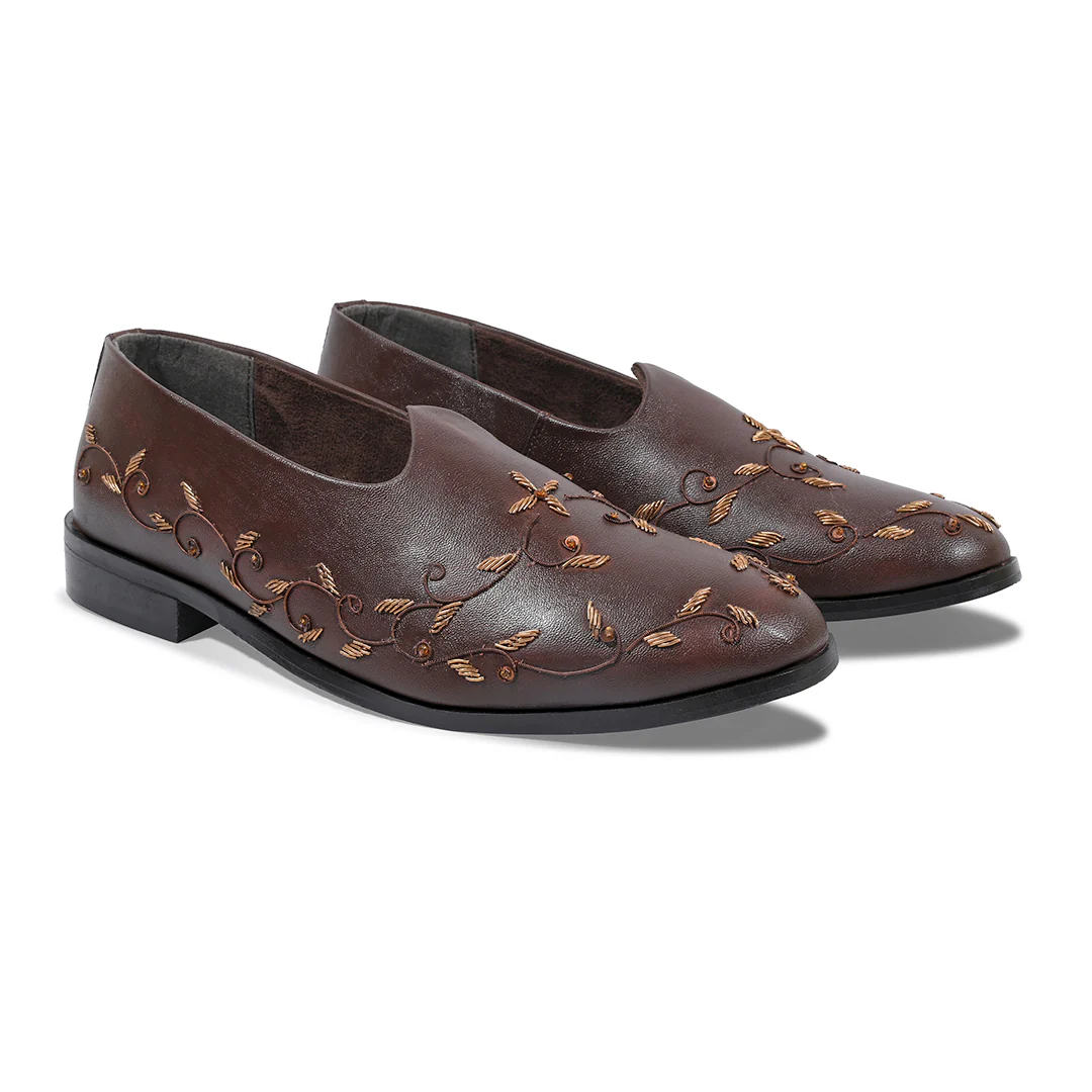 Monkstory Regal Floral Zardosi Mojari – Brown - Image 6