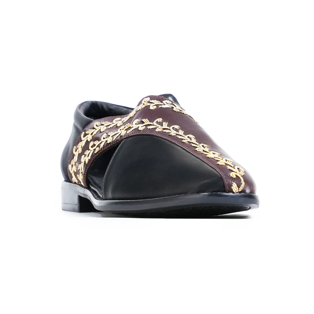 Monkstory Two Tone Embroidered Nawabi Sandals - Black/Brown - Image 8