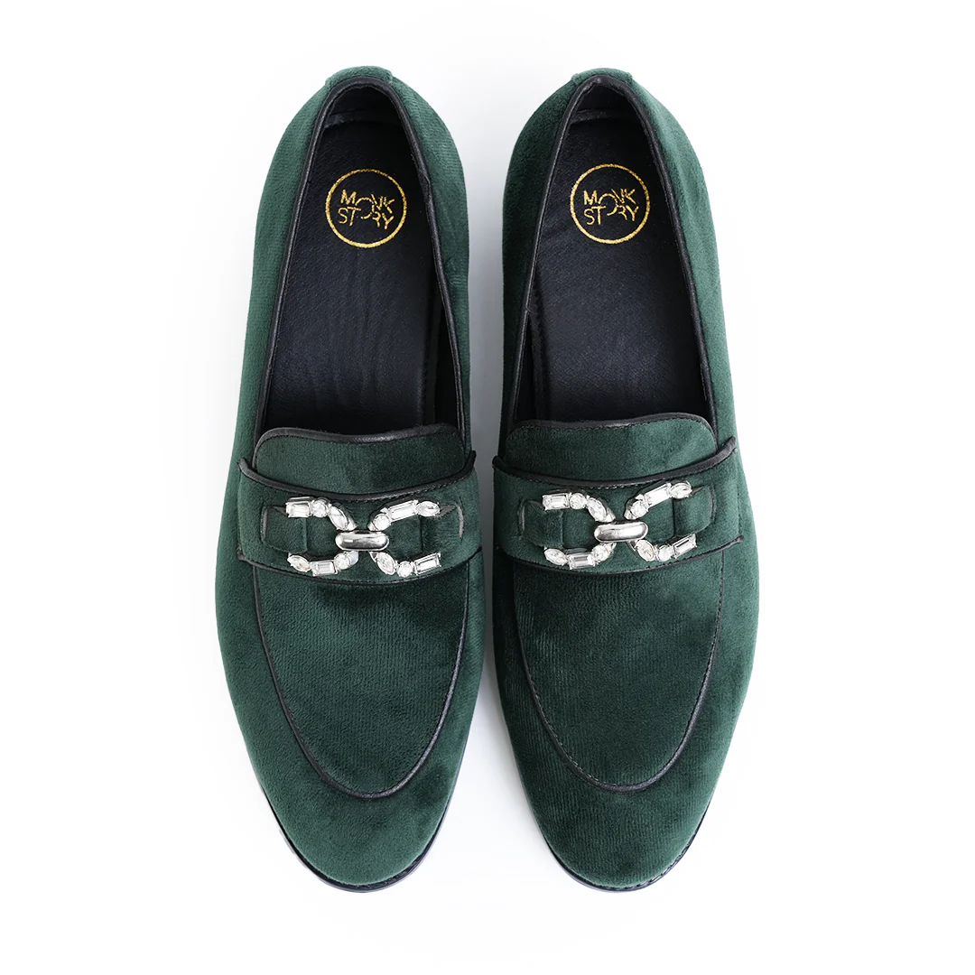 Monkstory Velvet Crystal Bit Loafers – Royal Green - Image 4